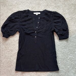 LOFT Black Puff Sleeve Blouse with Mandarin Collar